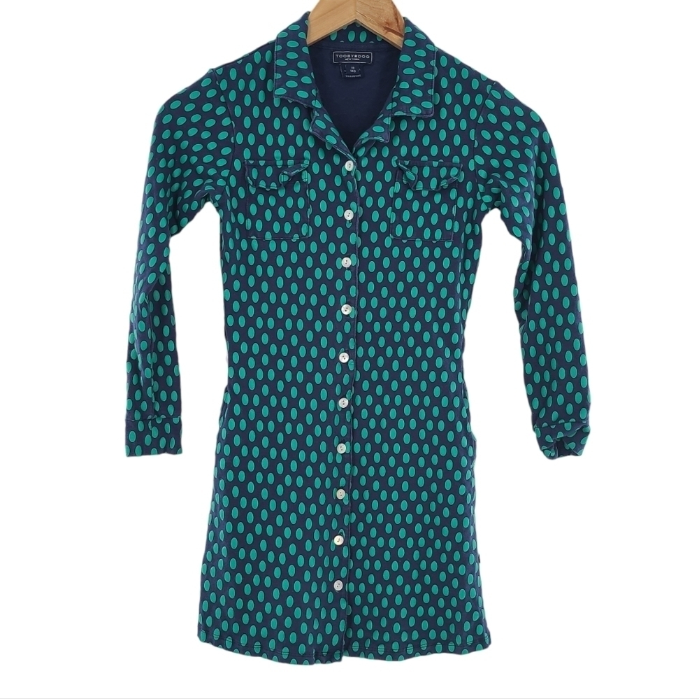 Toobydoo Eliza Shirt Dress Navy and Green Texturized Polka Dot sz 10